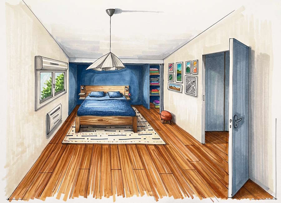 Perspective au feutre d'une chambre — réalisation Intramorphose
